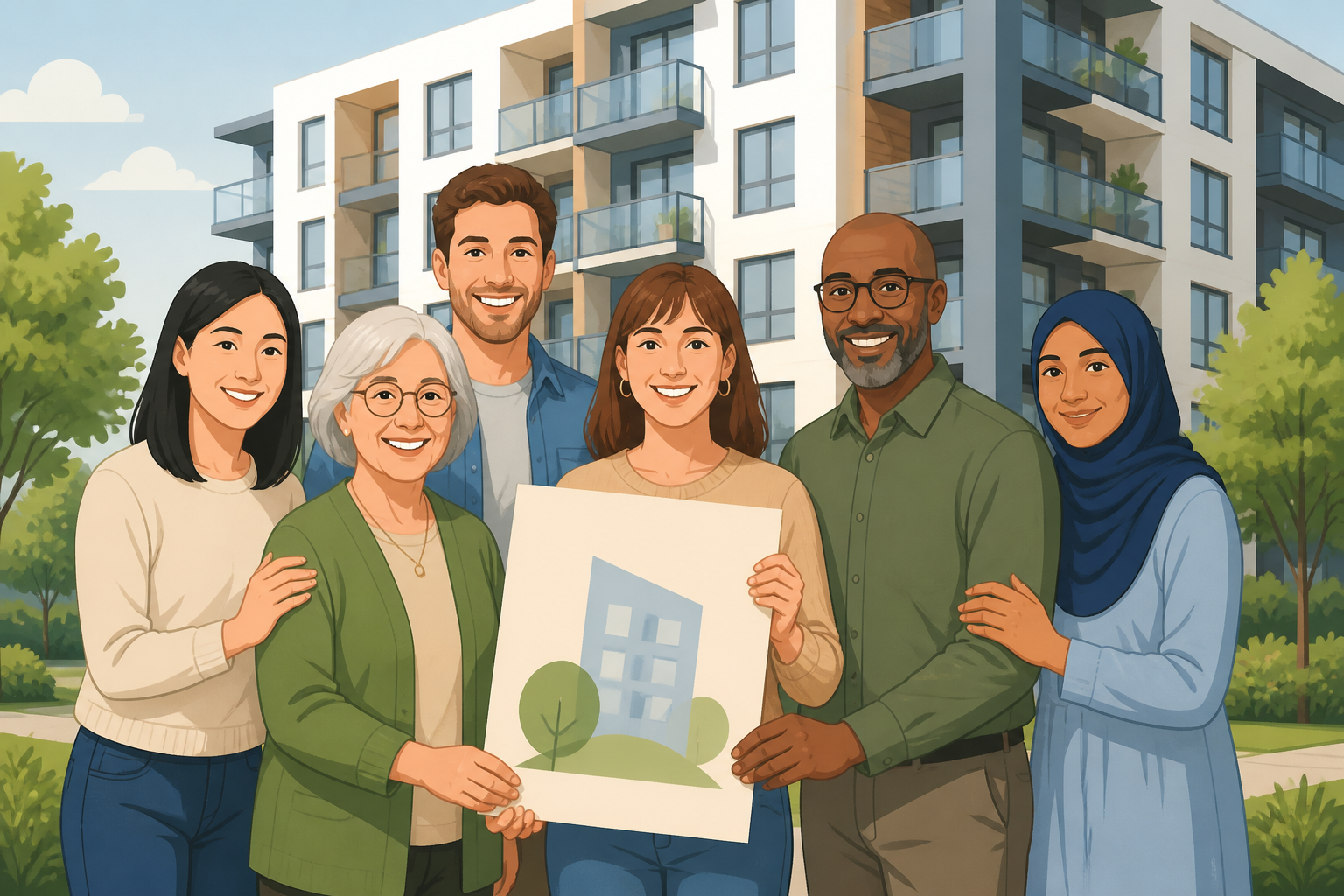 Diverse cooperative residents standing in front of their apartment building holding a bylaws document.