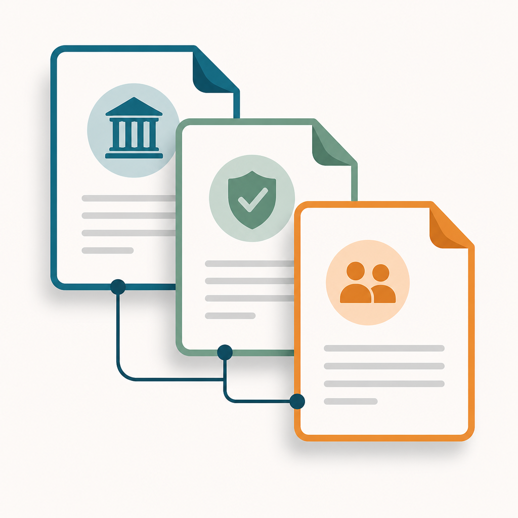 Three stacked document icons representing a cooperative's articles, bylaws, and occupancy agreement.
