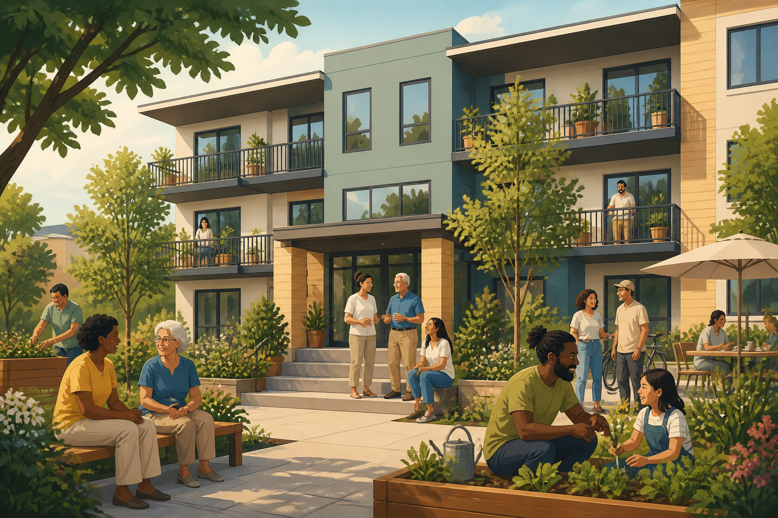 Diverse residents gathered outside a community-owned housing cooperative building with a shared courtyard.
