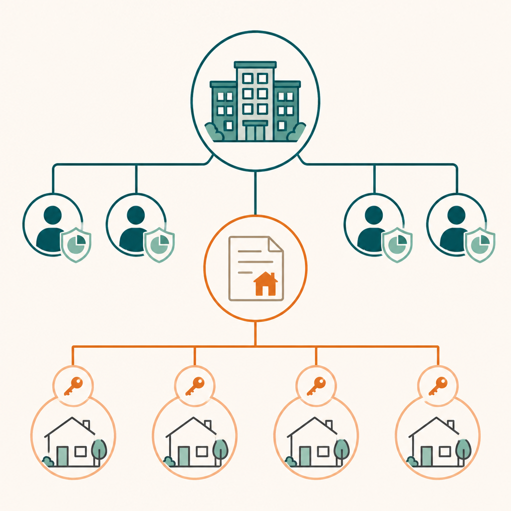 Diagram showing how members, shares, a blanket mortgage, and proprietary leases connect in a housing cooperative.