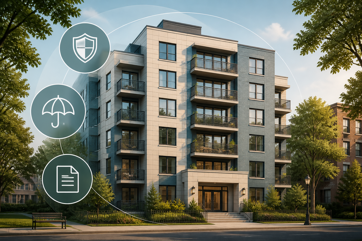 Illustration of a housing cooperative building with insurance protection icons overlaid.
