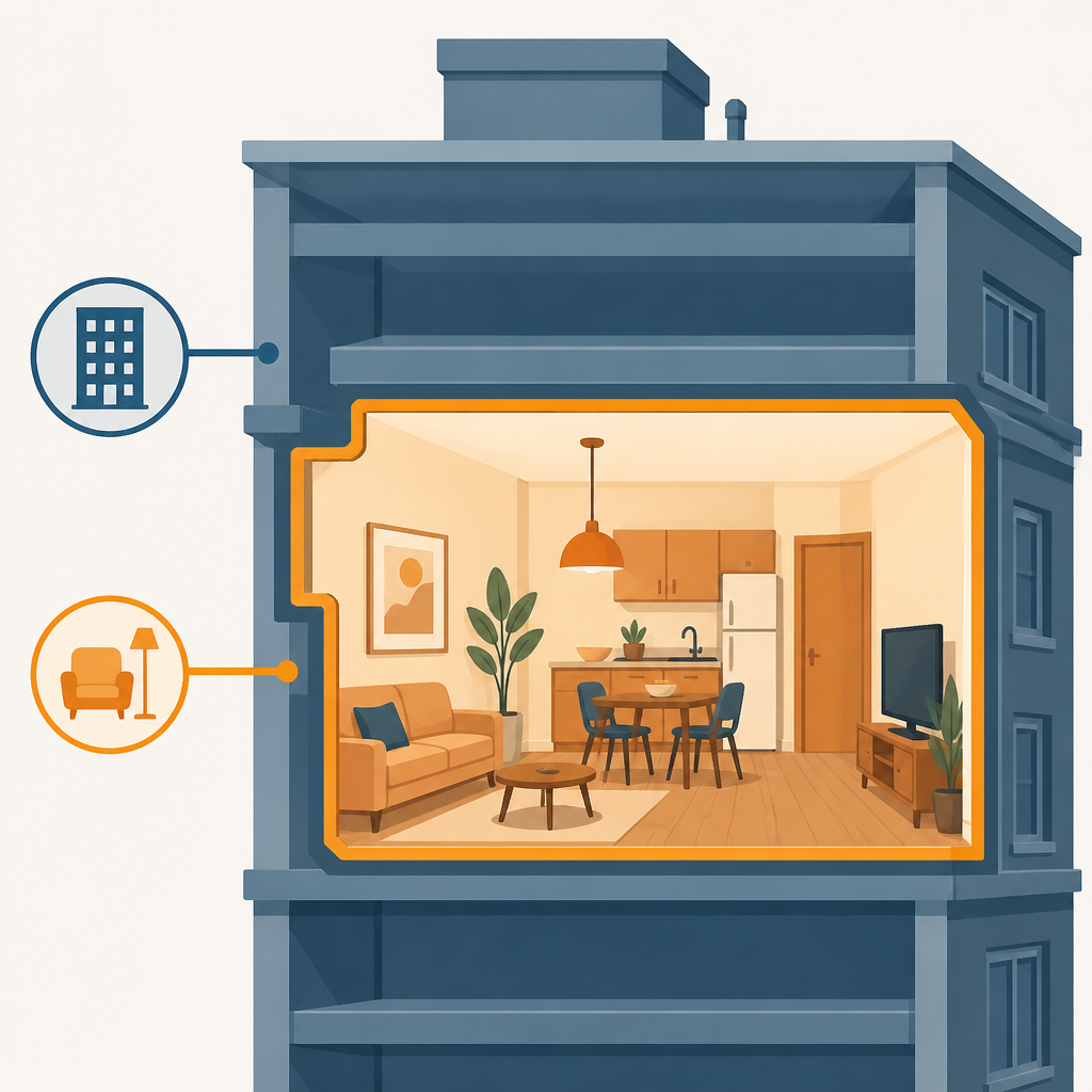 Diagram contrasting a co-op master property policy with an individual member's unit coverage.