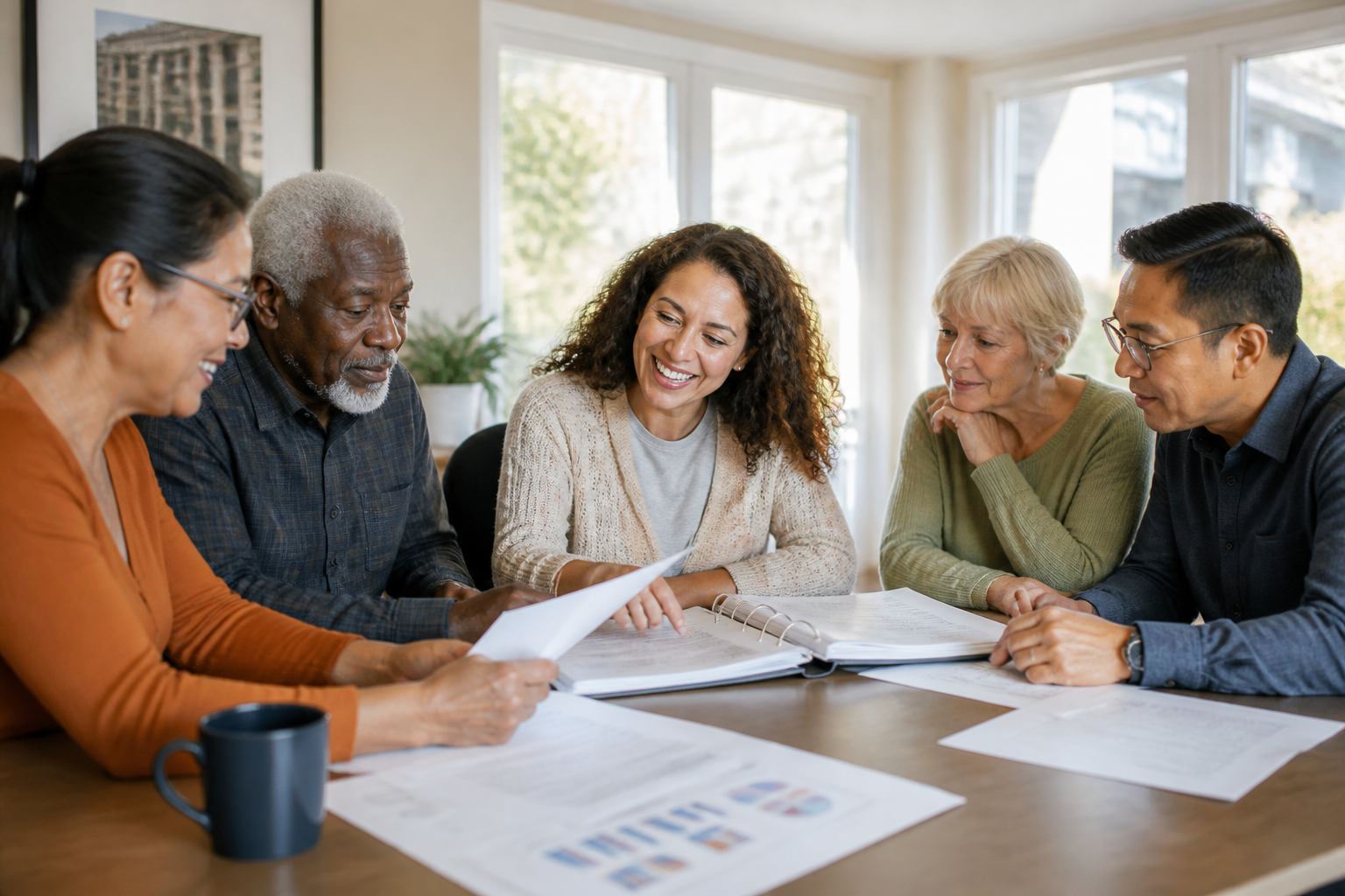 Members of a housing cooperative board reviewing finances and maintenance plans together at a community meeting.