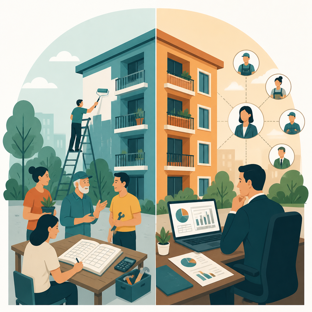 Conceptual illustration comparing self-managed and professionally managed housing cooperatives.