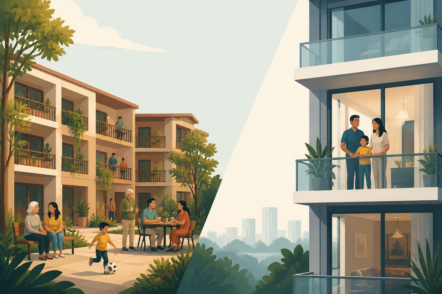 Side-by-side illustration comparing a community-oriented housing cooperative and an individual condominium building.