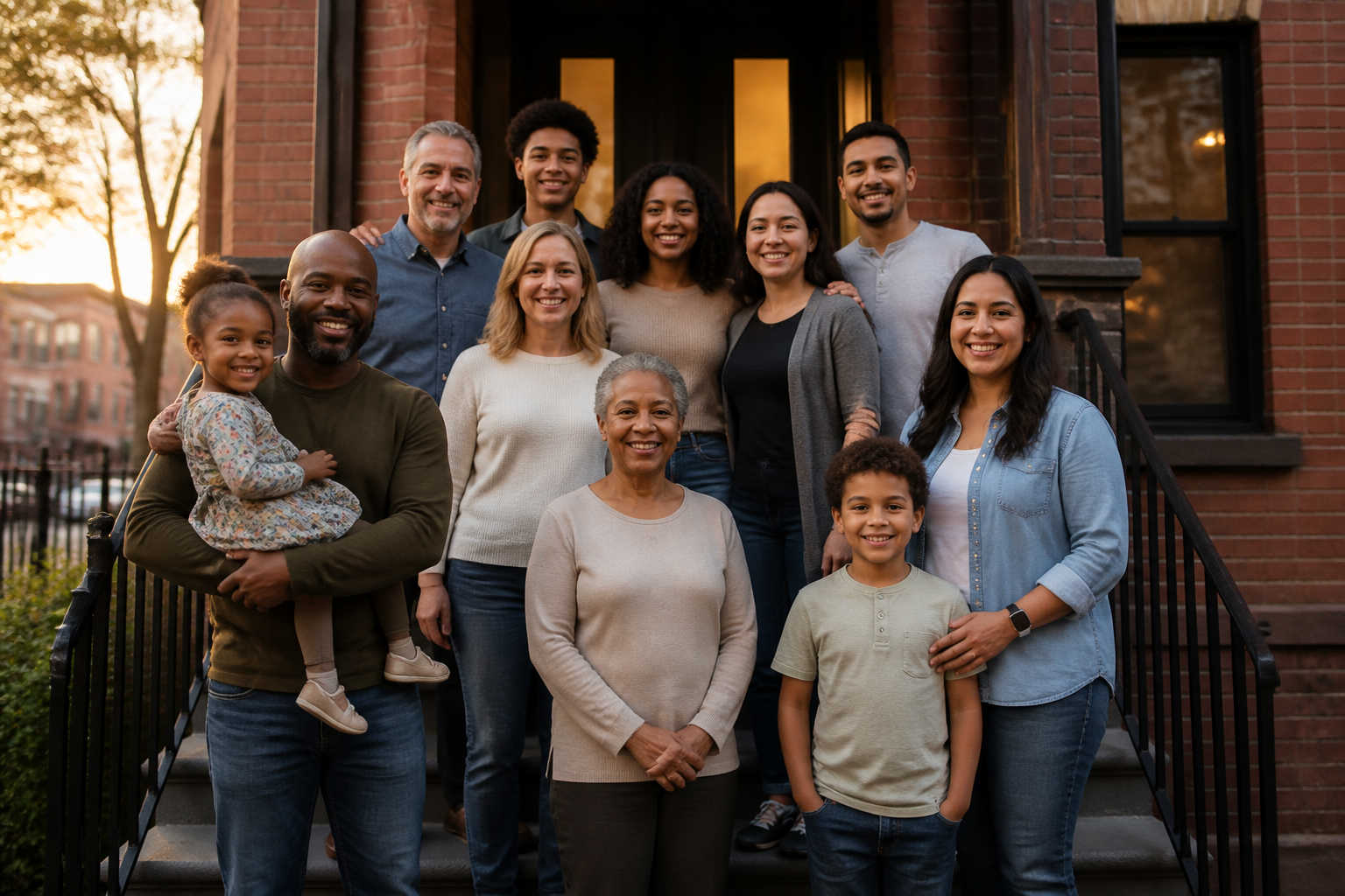 Multigenerational neighbors stand together on the steps of their cooperatively owned apartment building at sunset.
