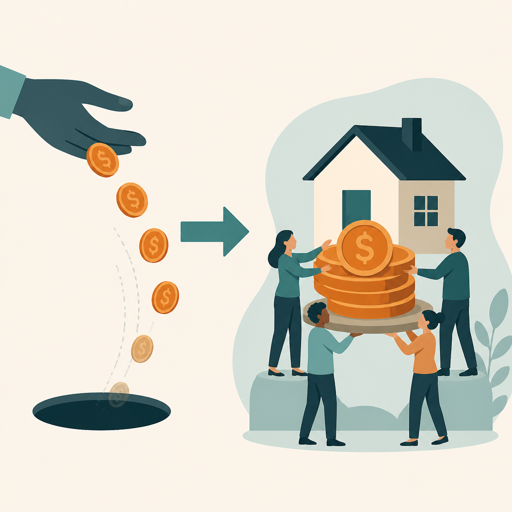 Illustration contrasting rent that disappears with cooperative payments that build a shared, lasting asset.