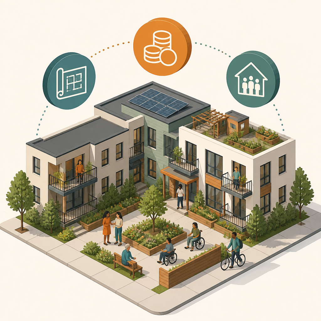 Isometric housing cooperative building surrounded by funding-stage labels for predevelopment, gap financing, and affordability.