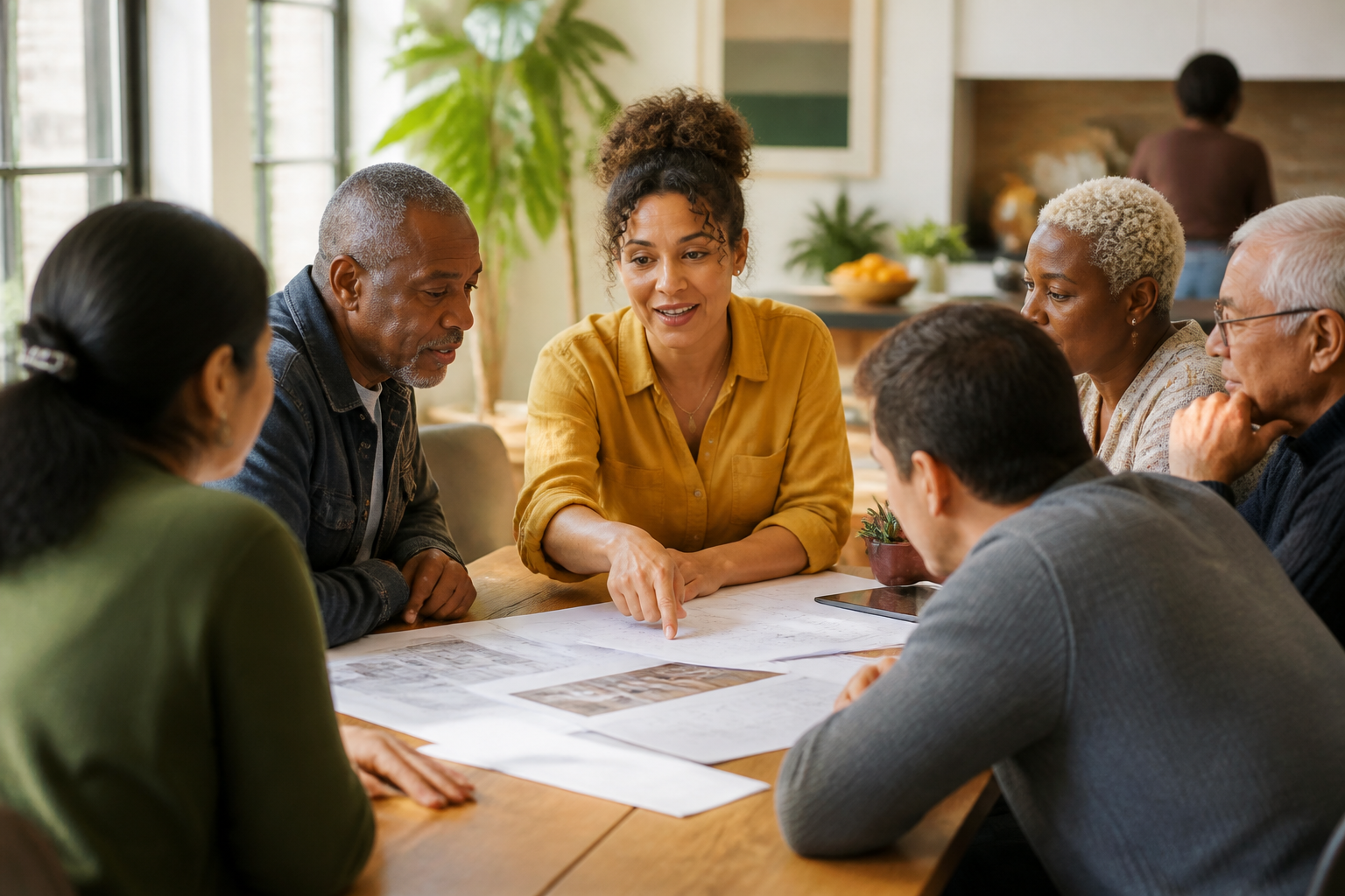 Housing cooperative members reviewing documents together at a community meeting.