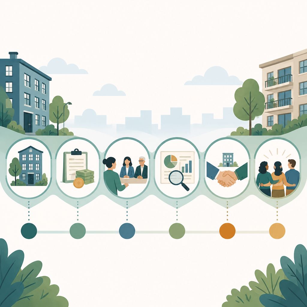 Illustrated step-by-step path for buying into a housing cooperative.