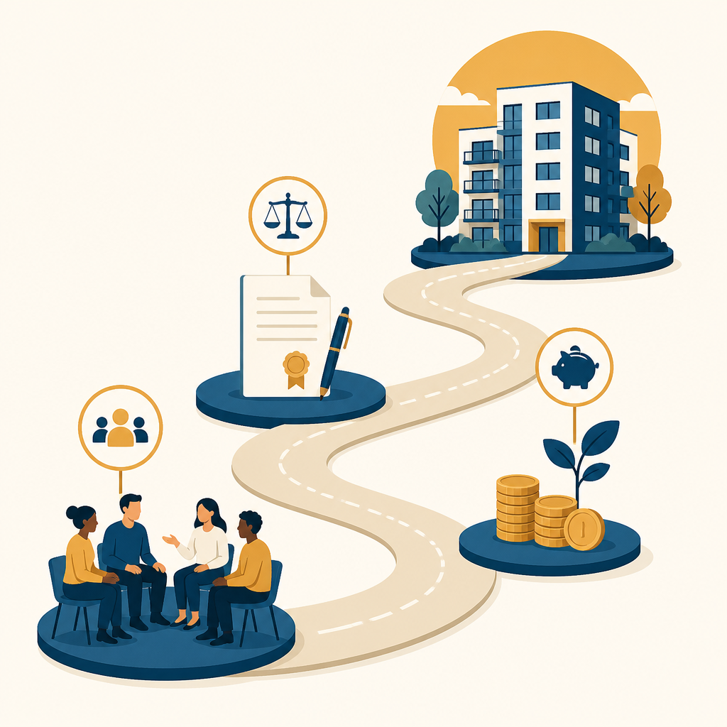 Illustrated roadmap showing the steps to form an affordable housing cooperative.