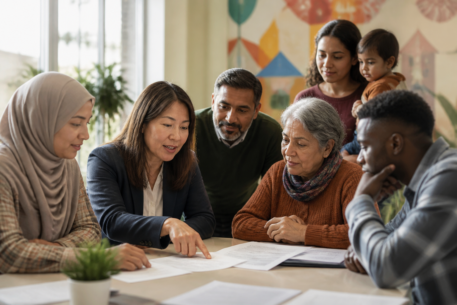 Diverse immigrant residents reviewing translated cooperative housing documents together at a community meeting.