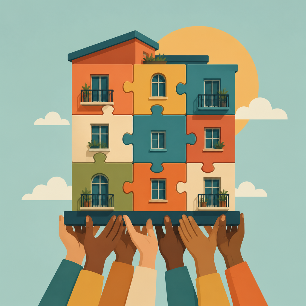 Illustration of a housing cooperative held up collectively by many hands, symbolizing shared immigrant ownership.