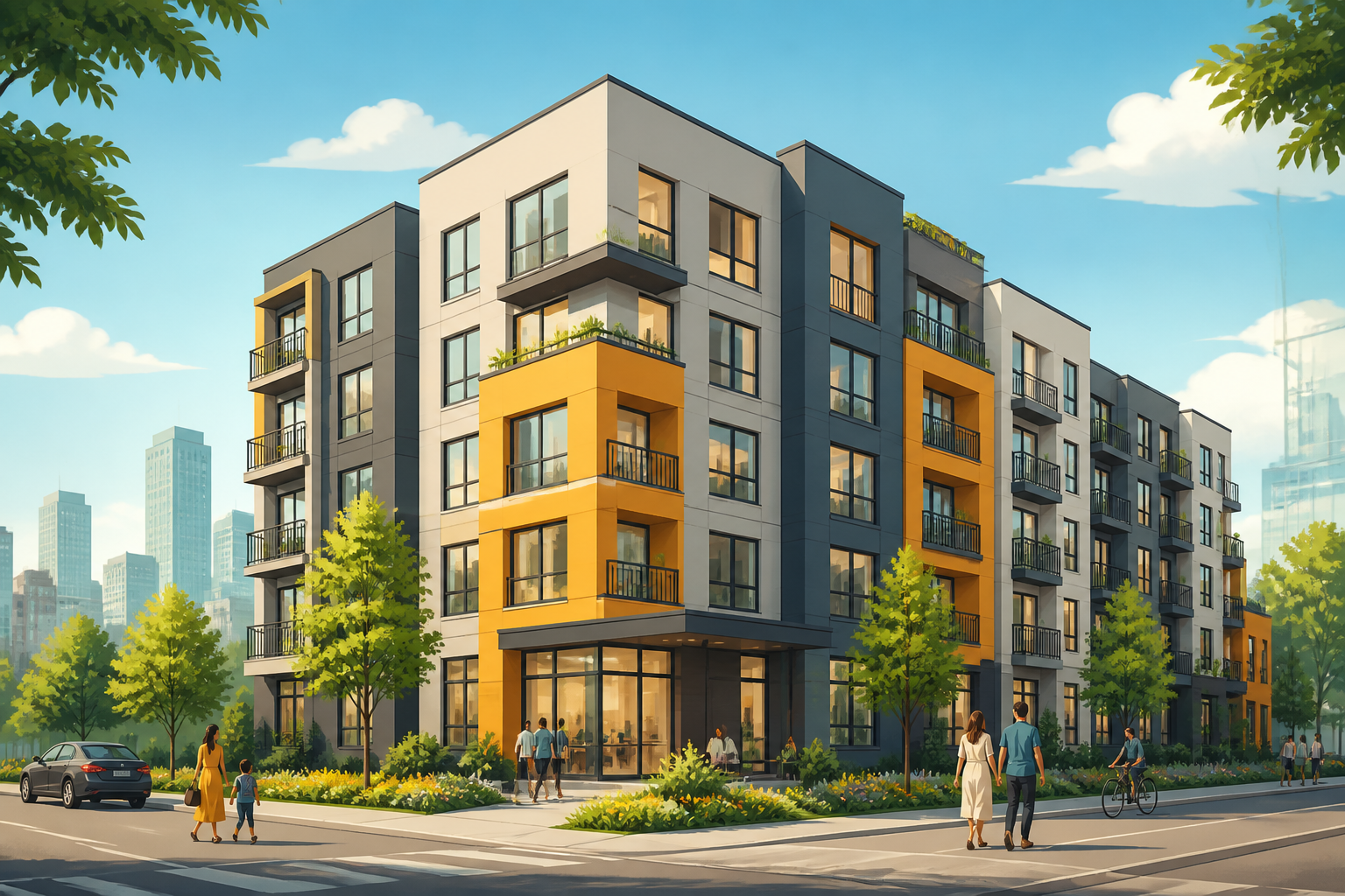 Illustration of a mixed-income apartment building with affordable units highlighted, representing inclusionary zoning.*
