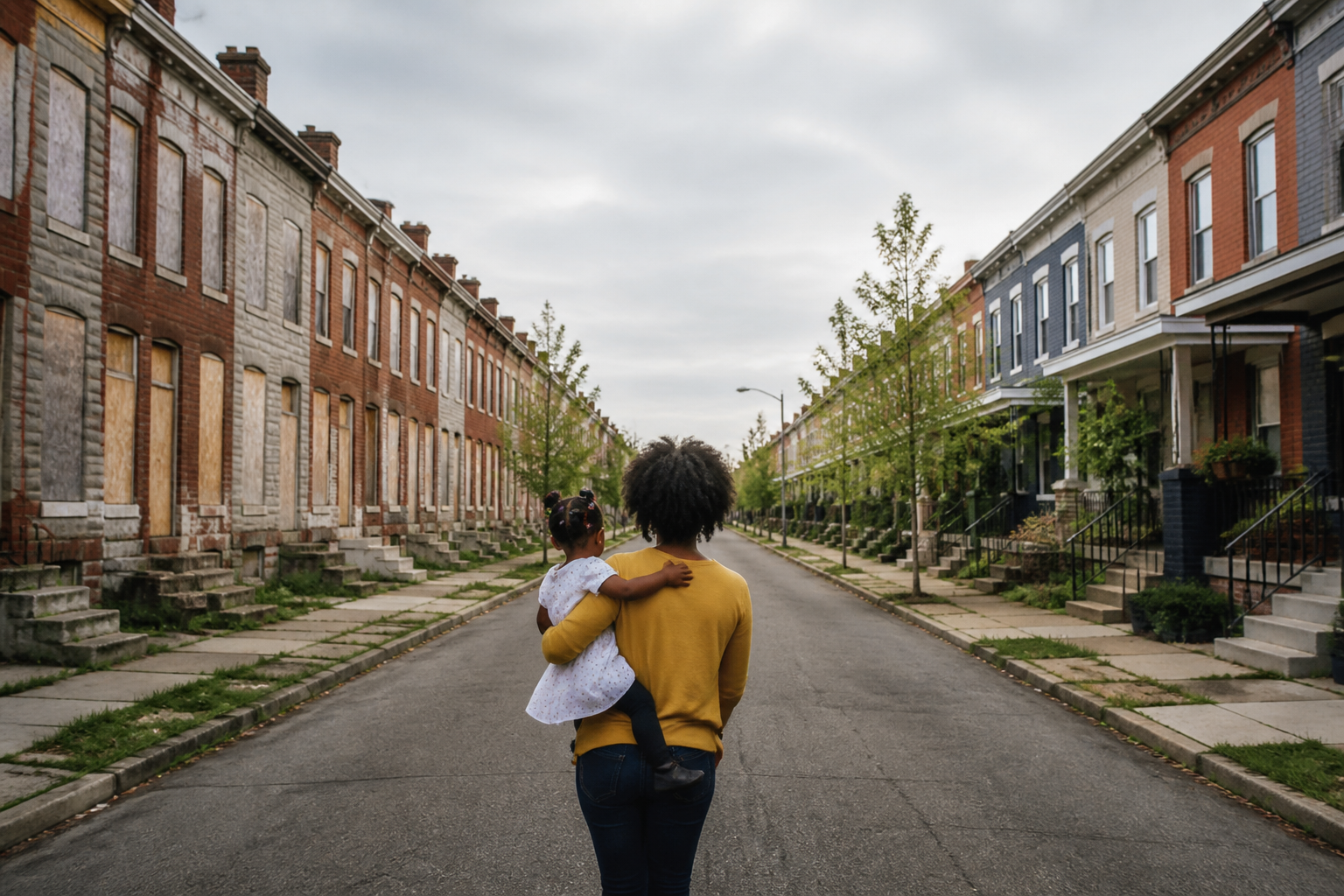 A city block where boarded vacant townhouses transition into rehabilitated, occupied cooperative homes.