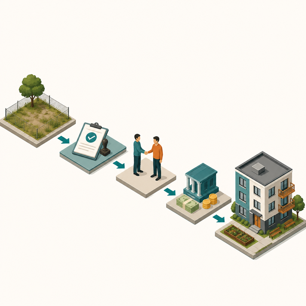 An isometric diagram showing a vacant lot moving through the land-bank-to-cooperative-housing pipeline.