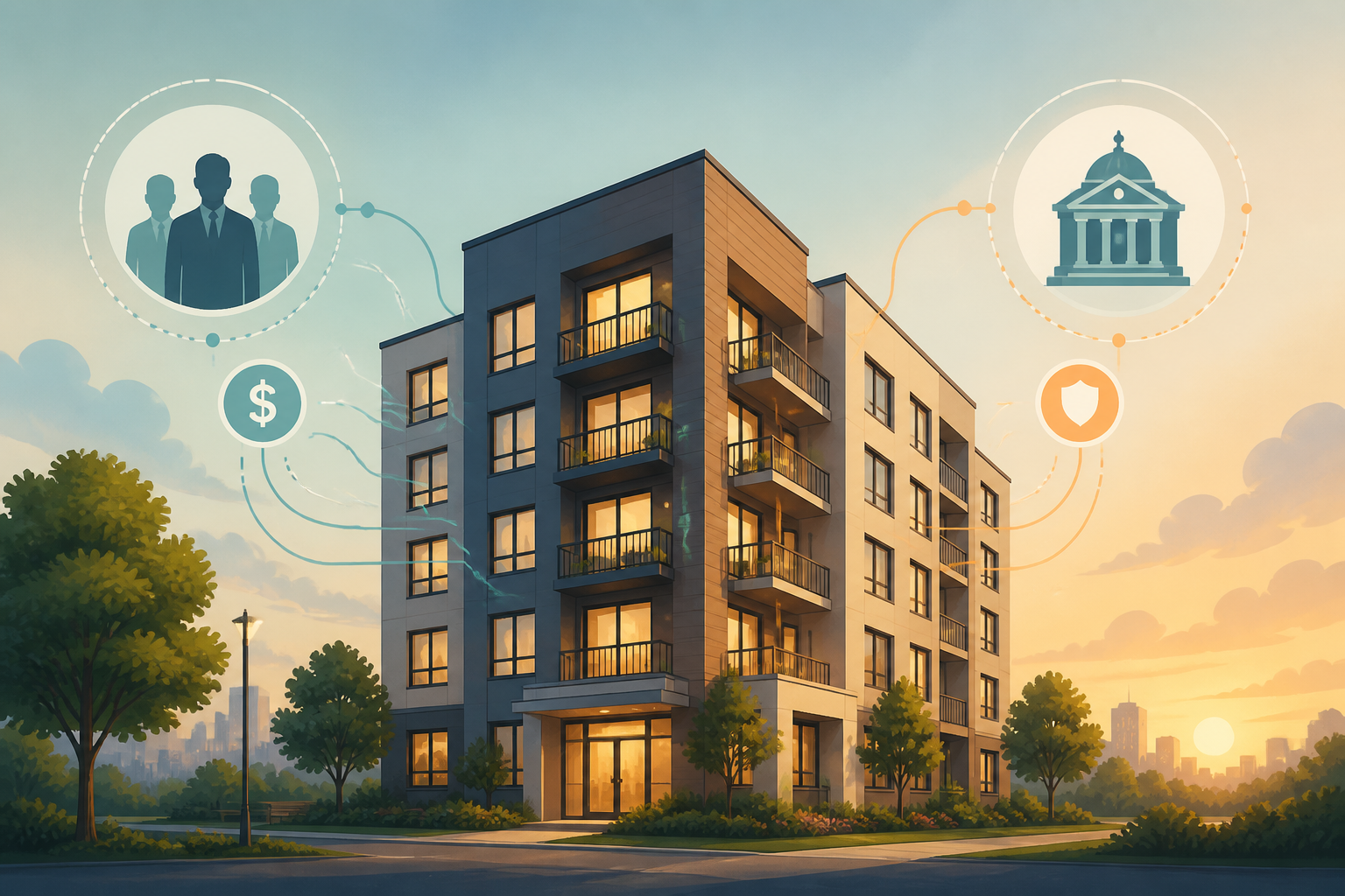 Illustration of an affordable apartment building connected by abstract flow lines to investor and government icons, representing how LIHTC finances housing.