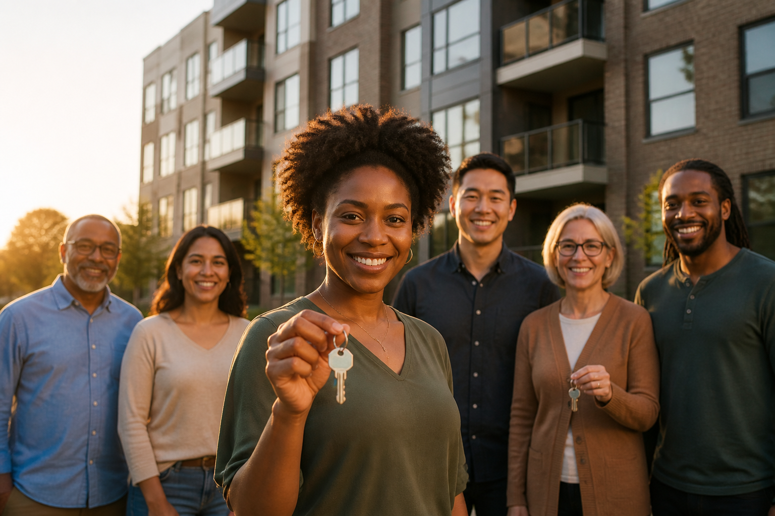 Diverse residents of a limited-equity housing cooperative standing together outside their building.