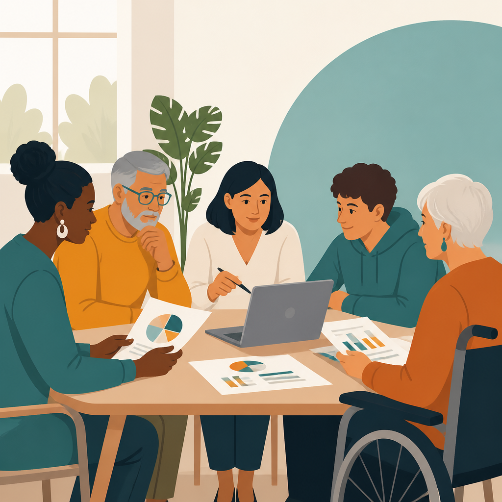 Cooperative housing residents reviewing impact data together during a board meeting in a community room.