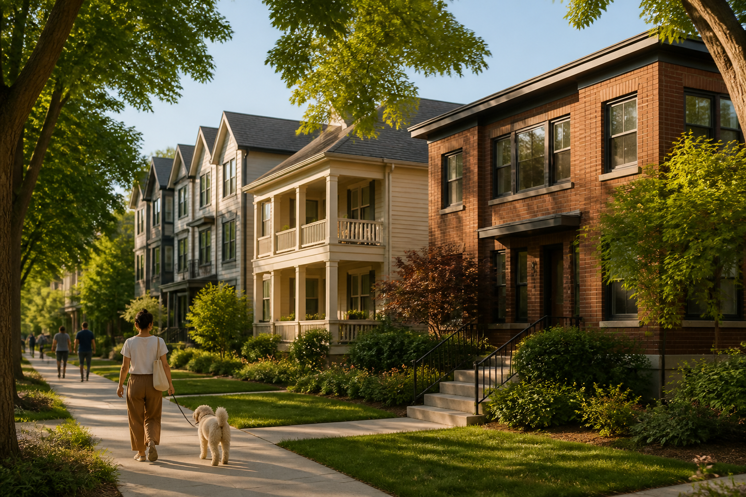 A residential street lined with a fourplex, triplex, and townhouses at the same gentle scale as nearby houses.