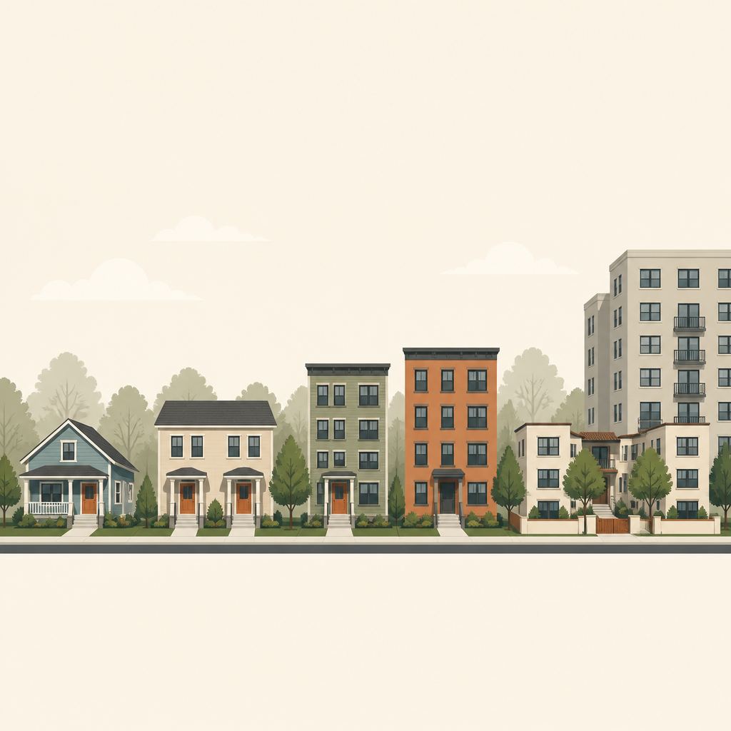 An illustrated lineup showing a detached house, duplex, triplex, fourplex, and courtyard apartments at a consistent scale.