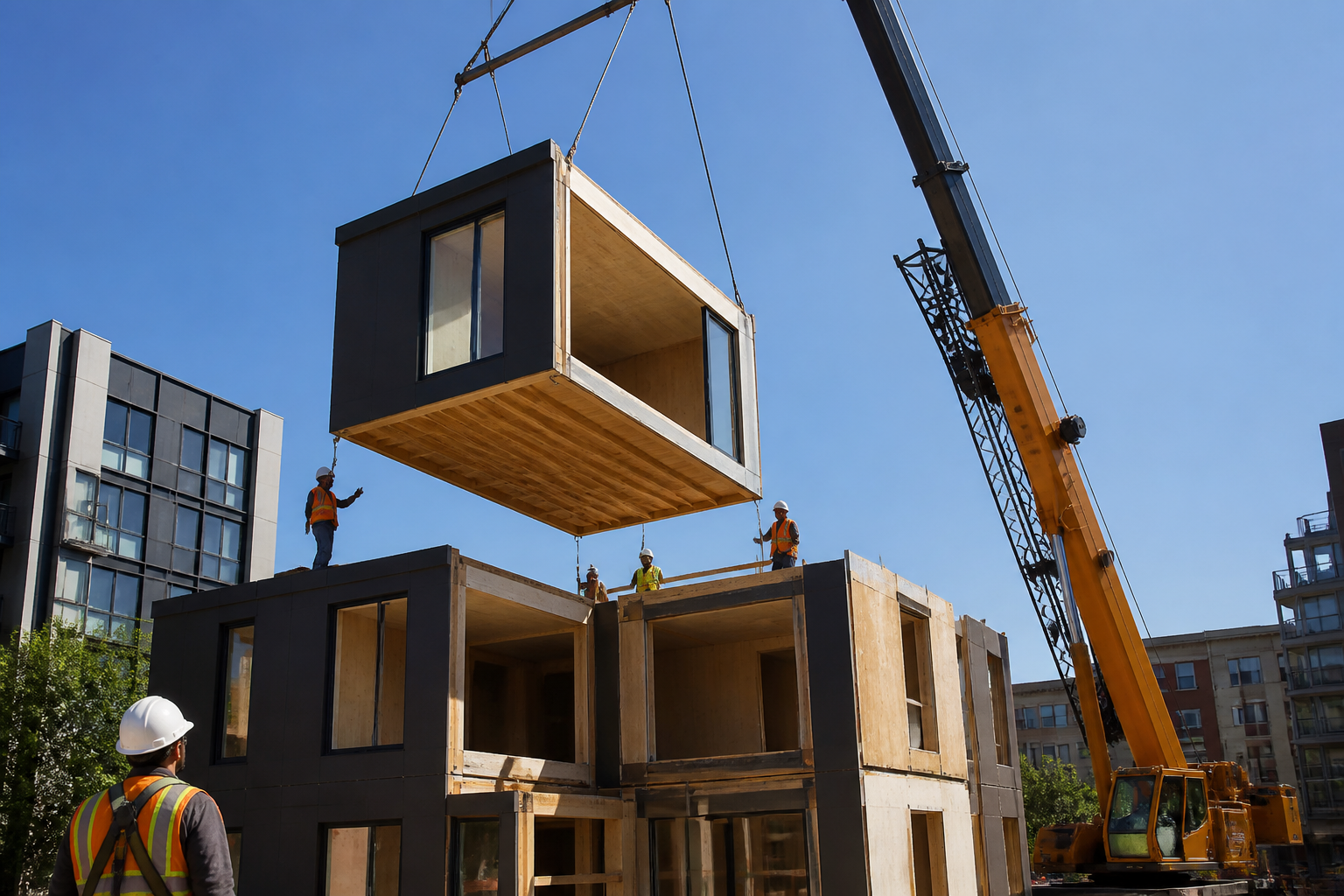 A crane lowers a prefabricated modular housing unit onto a multifamily affordable housing building under construction.