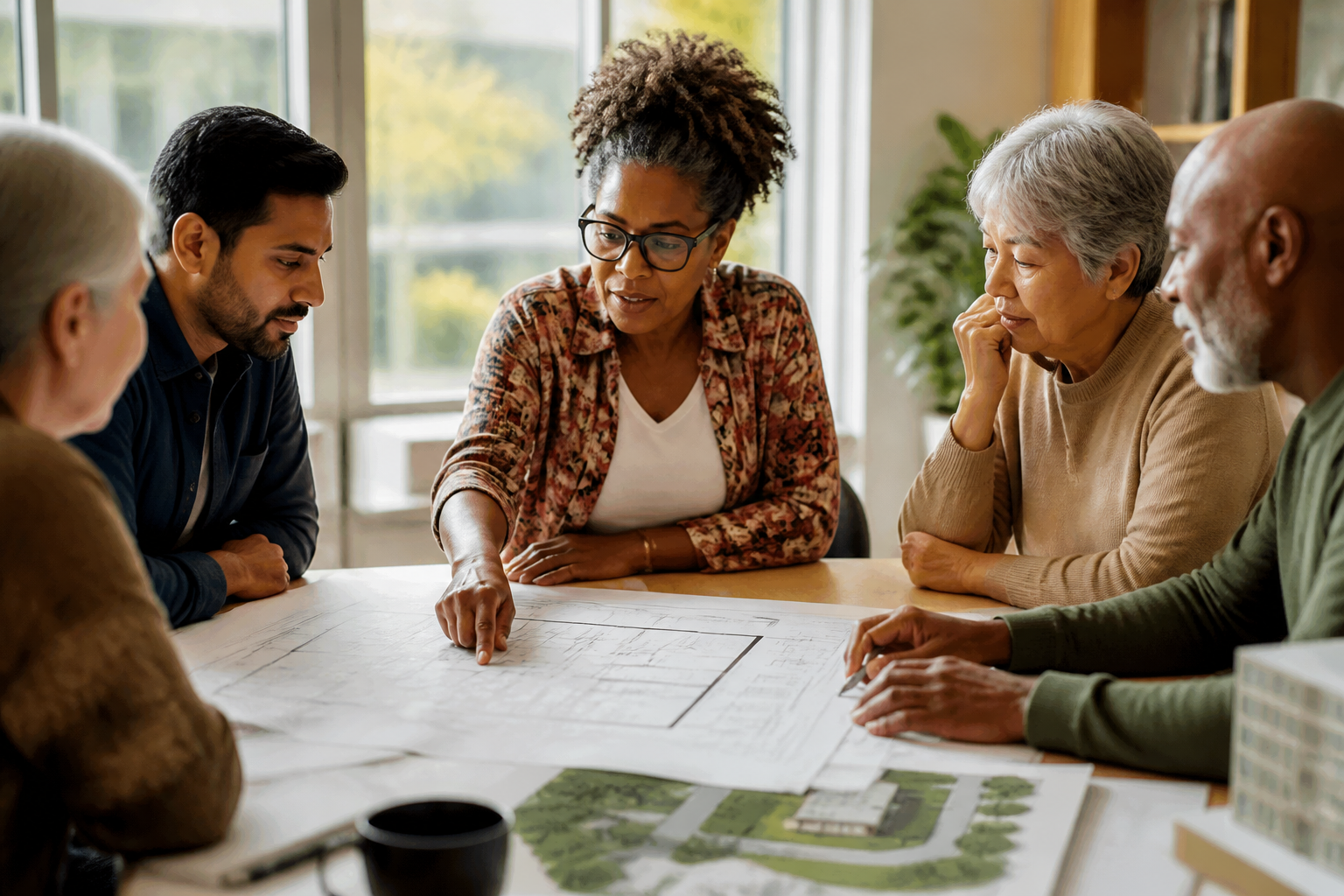 Residents of a mutual housing association meeting around a table to review building plans together.