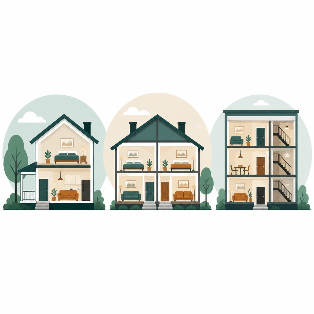 Comparison illustration of mutual housing associations, cooperatives, and community land trusts.