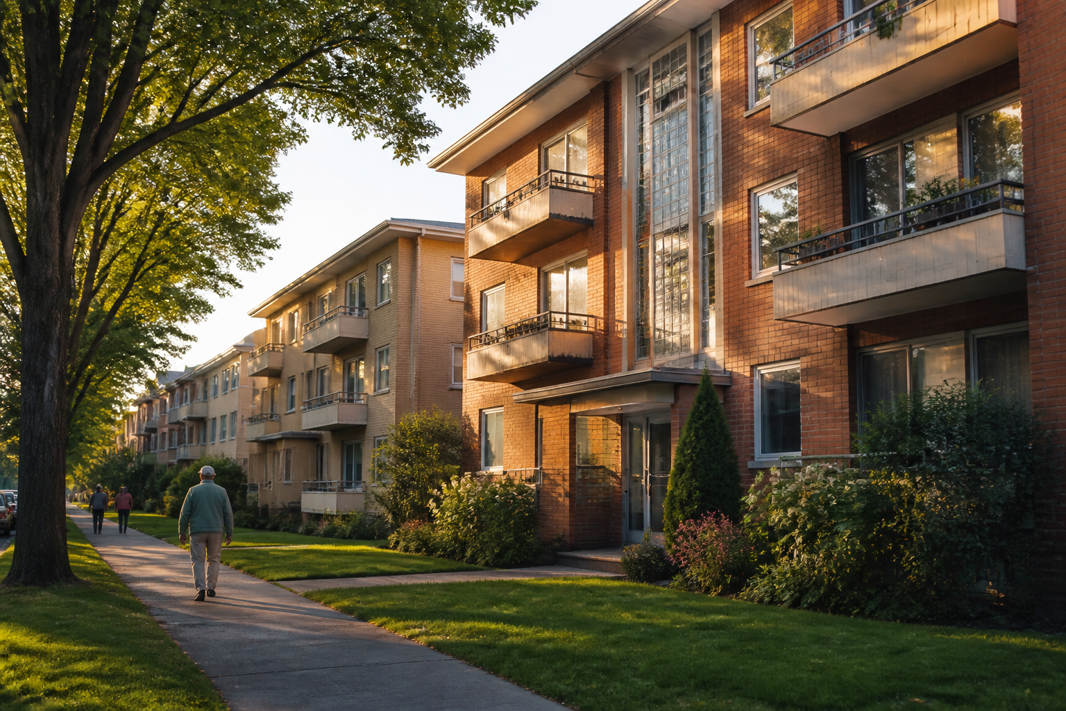 Older garden apartment buildings on a tree-lined street, representing naturally occurring affordable housing.