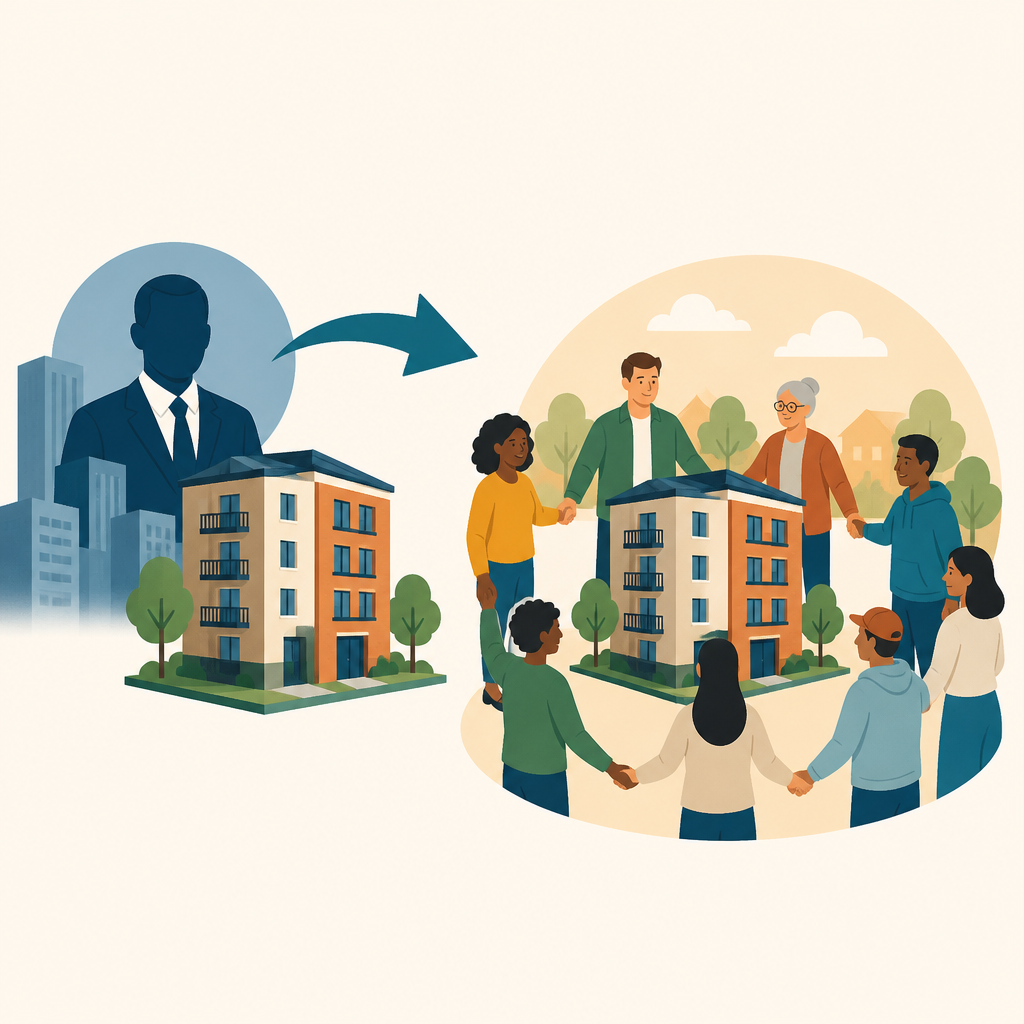 Illustration of an apartment building moving from investor ownership to community ownership by residents.