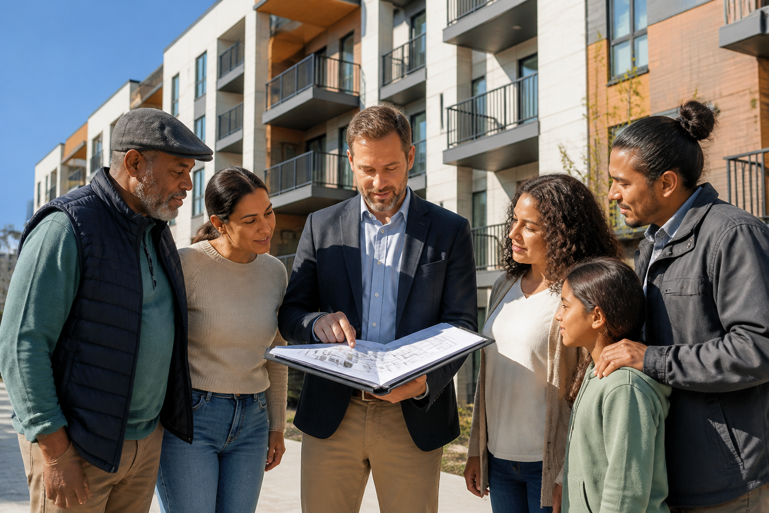 Community residents and a nonprofit developer reviewing plans in front of a new affordable housing building.