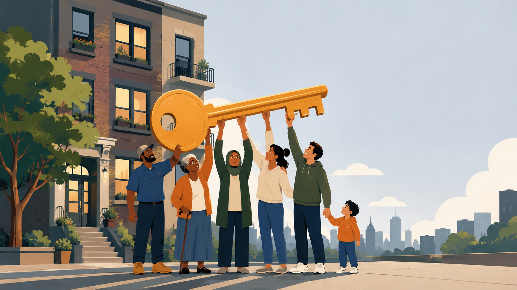 A diverse group of apartment tenants standing together in front of their building holding a large symbolic key, representing the right to buy under an opportunity to purchase law.