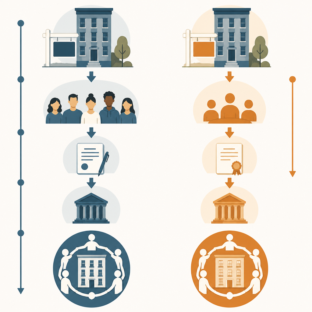 Side-by-side diagram comparing a tenant-centered TOPA pathway with a longer timeline to a nonprofit-centered COPA pathway with a shorter timeline, both leading to cooperative ownership.