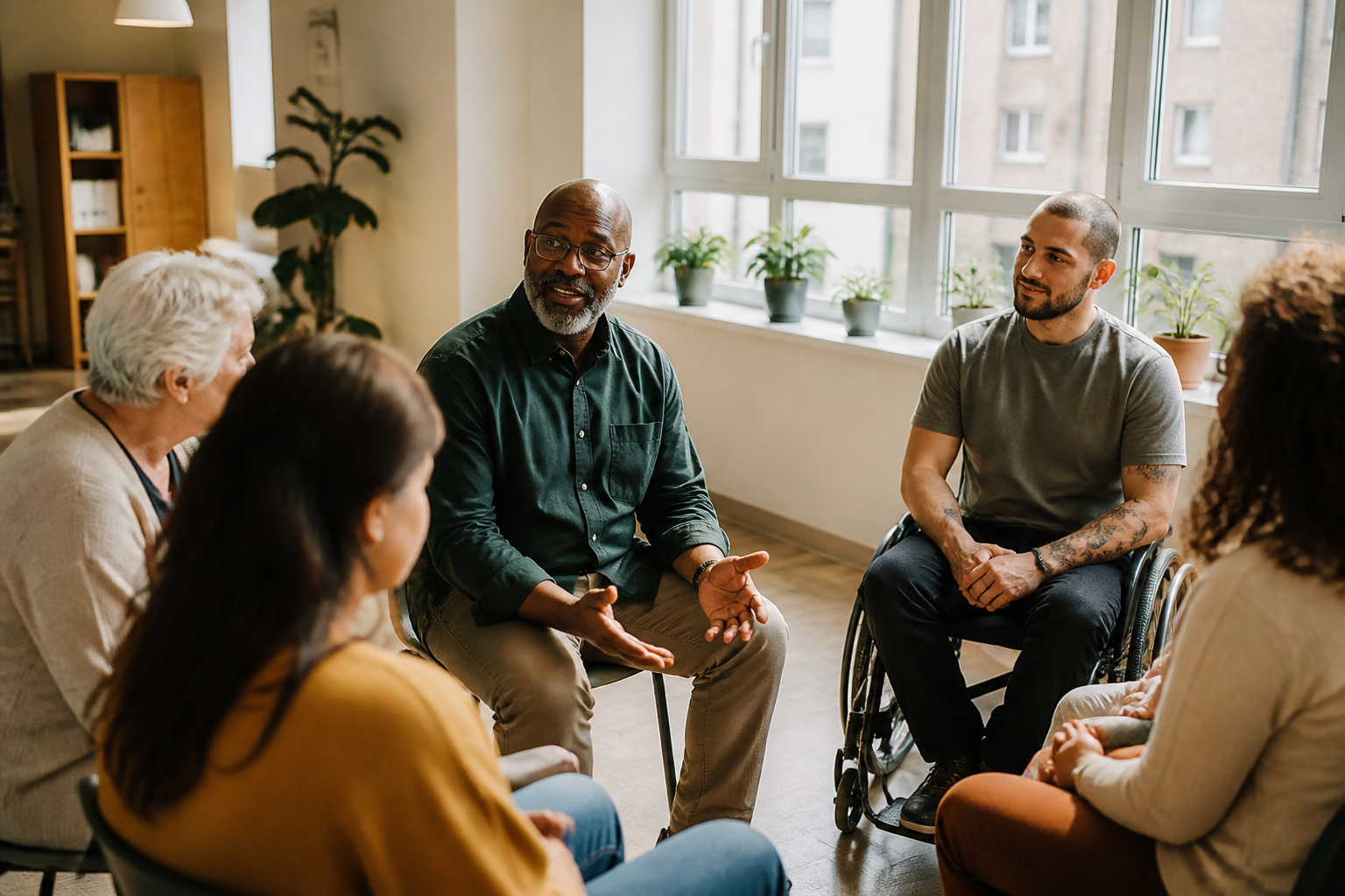 Residents of a supportive housing cooperative holding a community meeting in a sunlit common room.