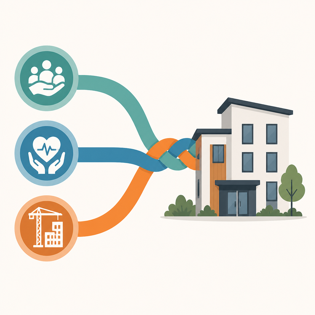Diagram showing Continuum of Care, Medicaid, and capital funding combining to support a housing cooperative.