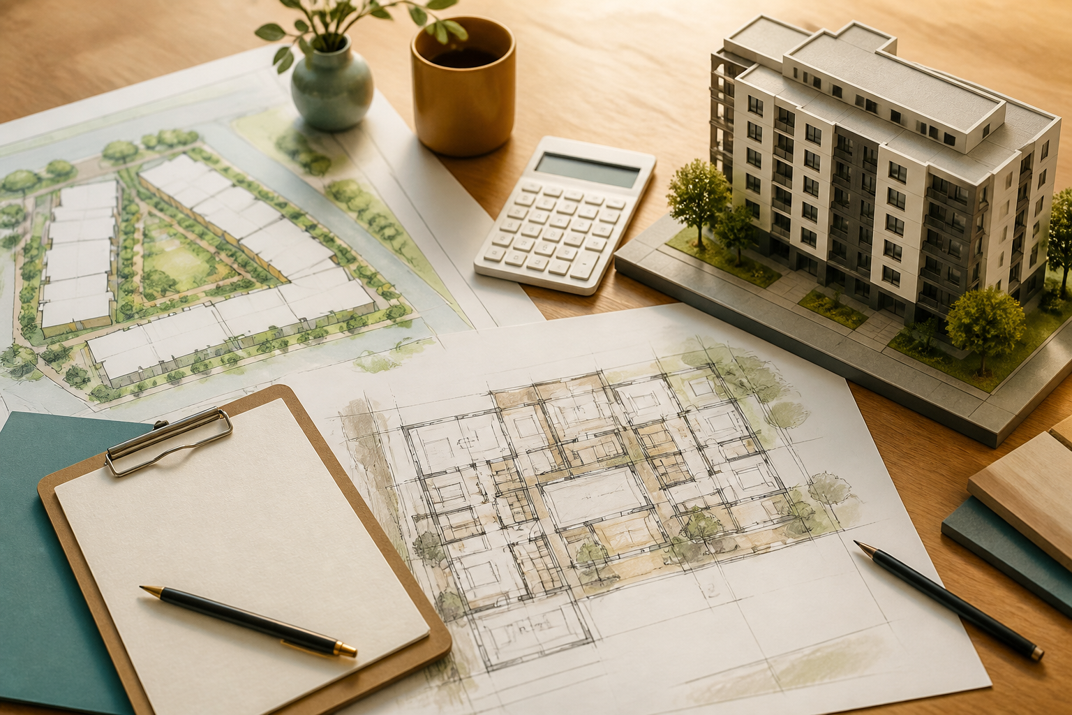Flat-lay of predevelopment planning materials for an affordable housing cooperative, including a site plan, floor-plan sketch, and a small apartment-building model.
