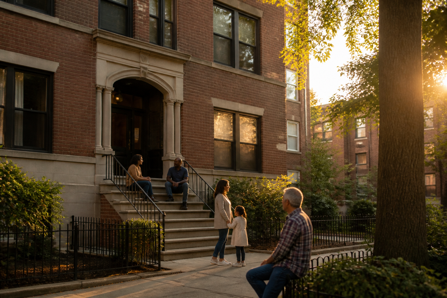 Residents gather on the steps of a preserved affordable apartment building in a city neighborhood.