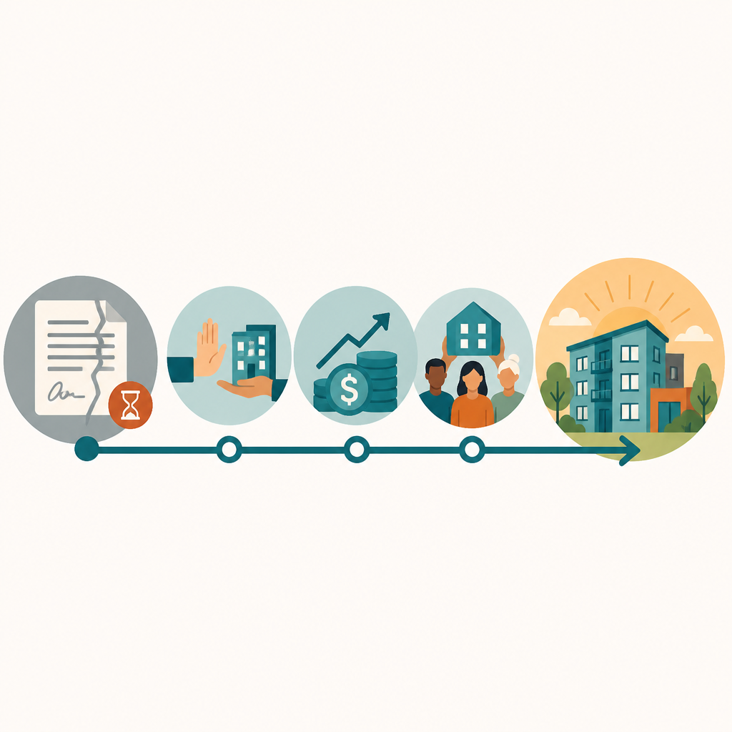 Illustration of the preservation pathway from an expiring affordable housing contract to a resident-owned cooperative.