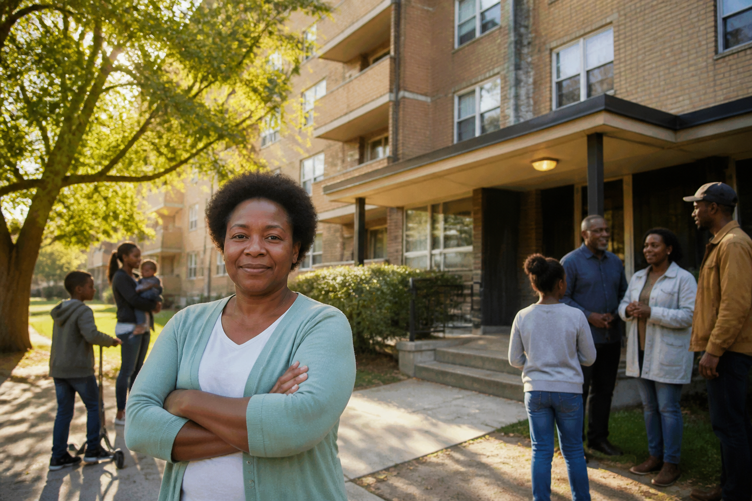 Residents gathered outside a mid-century public housing building, representing public housing reform and resident community.
