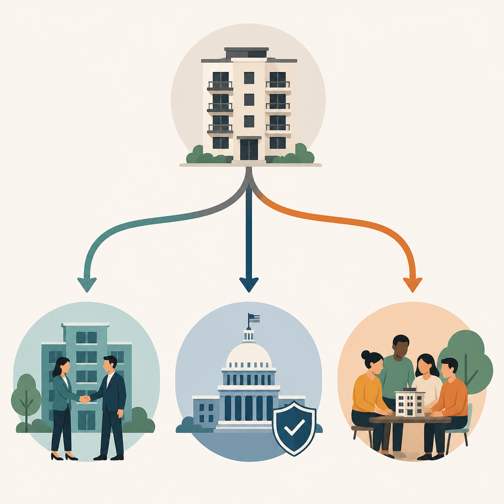 Diagram showing three reform pathways for public housing: private partnership, federal oversight, and resident cooperative ownership.