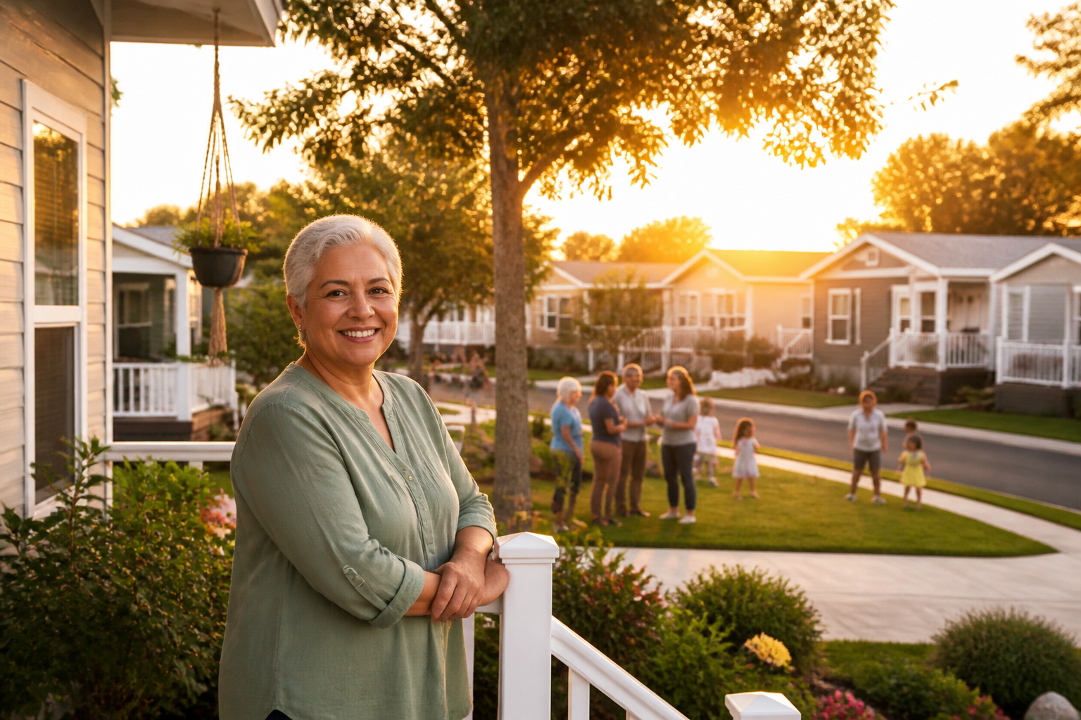 Residents gathering in the shared green space of a well-maintained resident-owned manufactured-home community at golden hour.