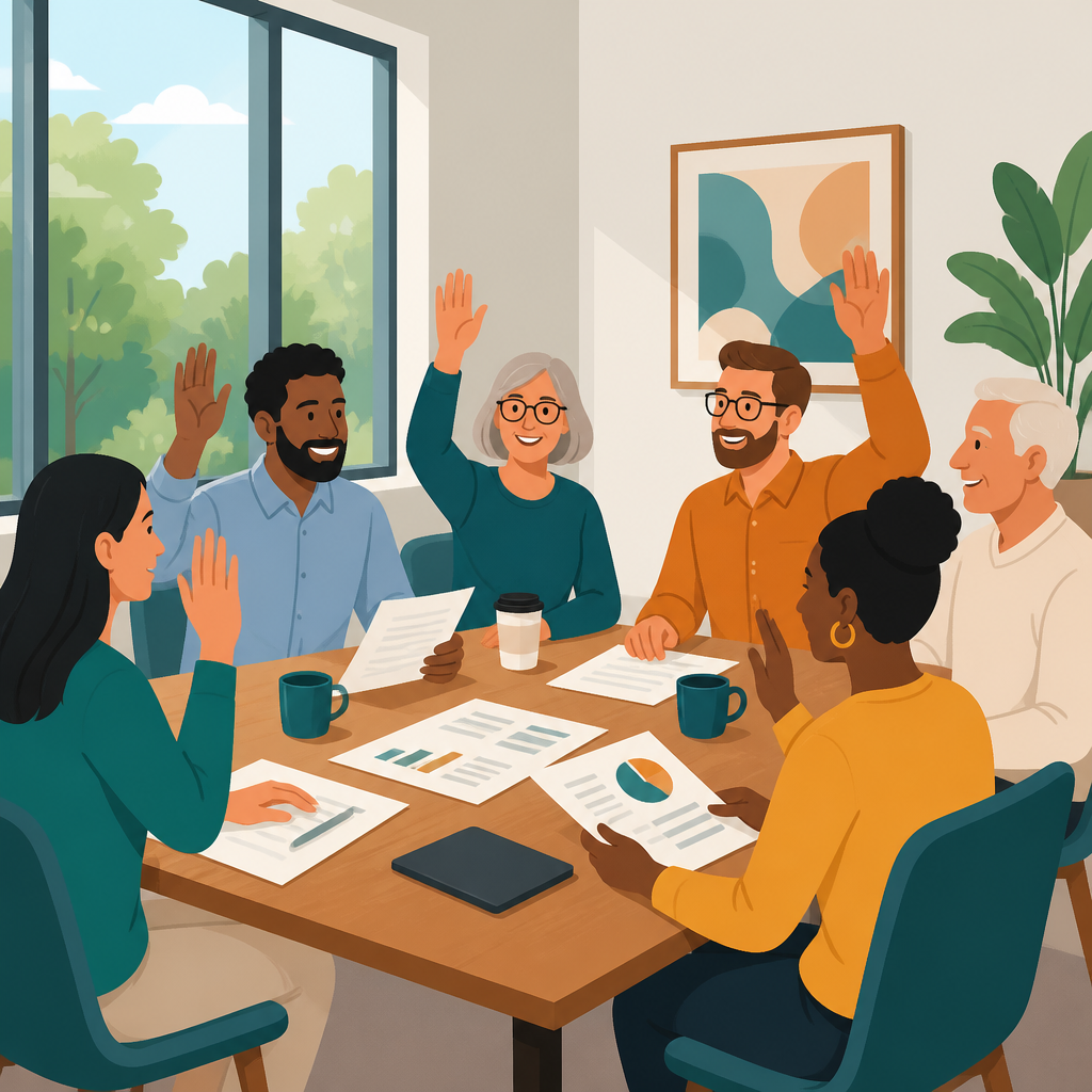 Members of a resident-owned community cooperative raising hands to vote during a board meeting in their clubhouse.
