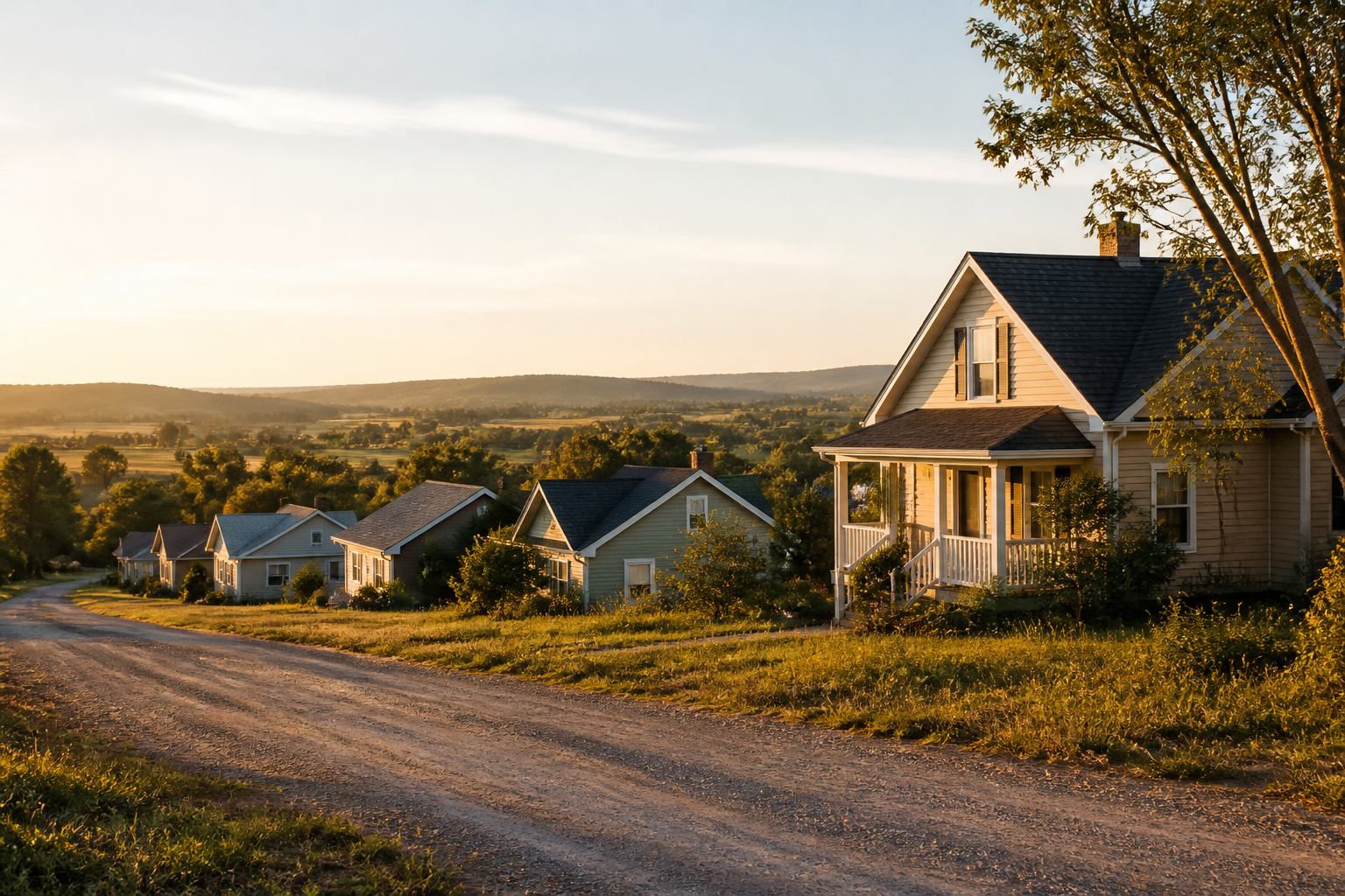 A small group of affordable rural homes at sunset on the edge of a farm town.