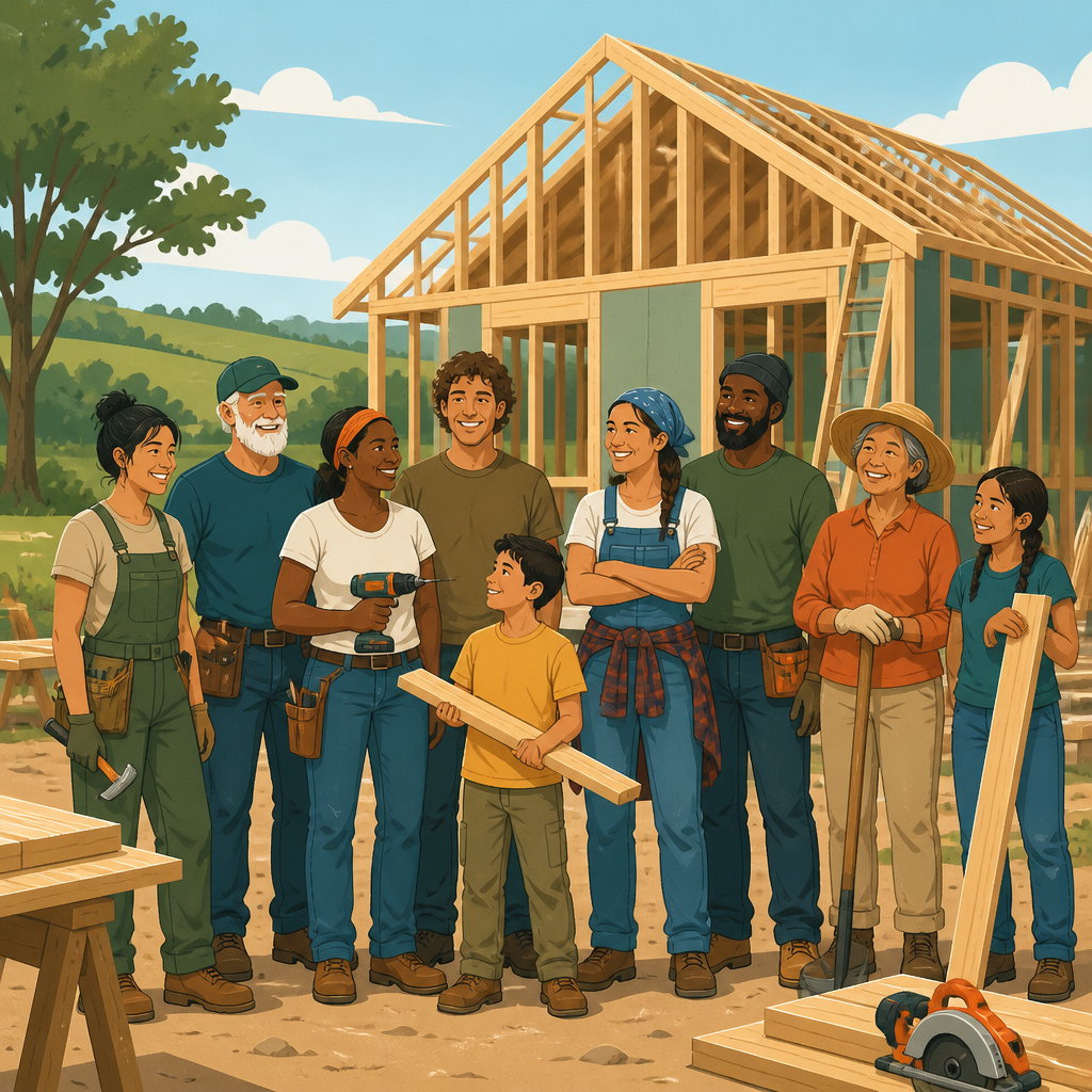 Rural neighbors building a home together in a mutual self-help housing group.