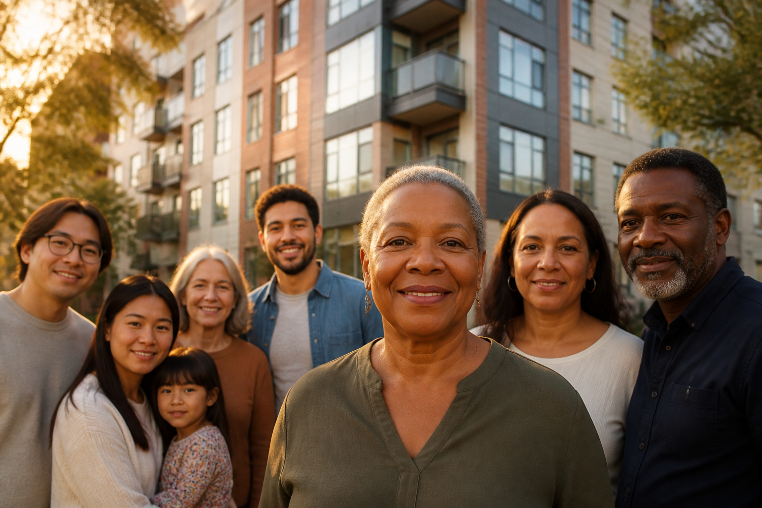 Neighbors standing together in front of a cooperative housing building, representing pairing Section 8 vouchers with co-op ownership.