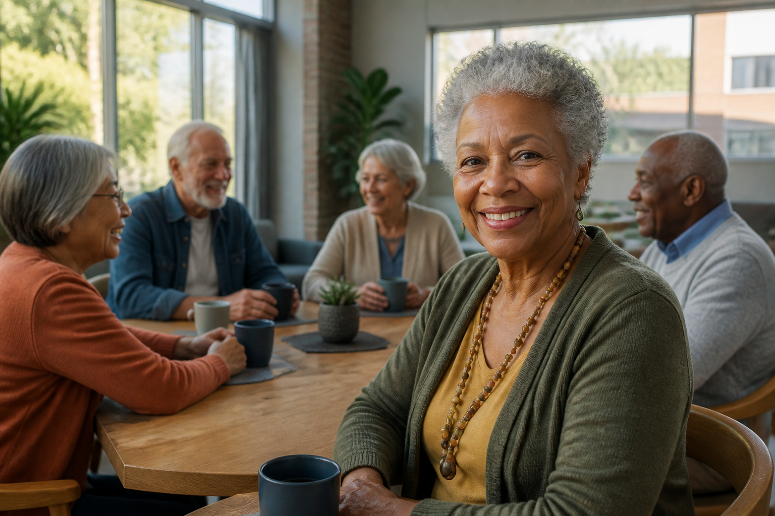 Diverse group of older adults gathered in a bright, accessible common room of a senior housing cooperative.