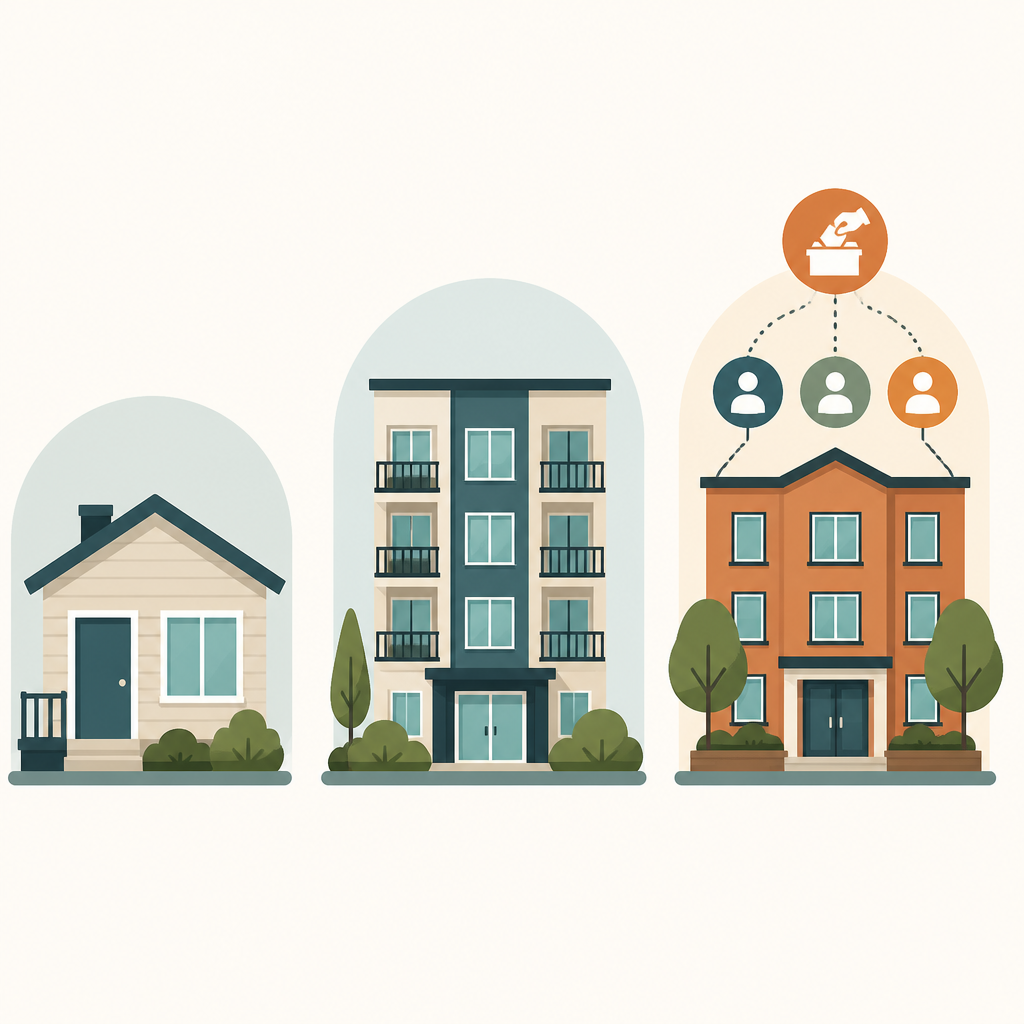 Illustration comparing renting, condo ownership, and cooperative ownership for housing.