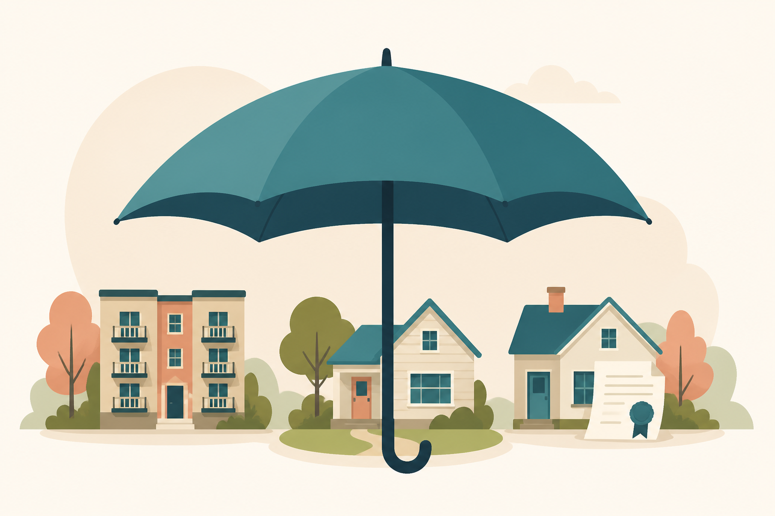Illustration of a shared-equity umbrella sheltering three affordable-housing models: a co-op, a community land trust home, and a deed-restricted house.