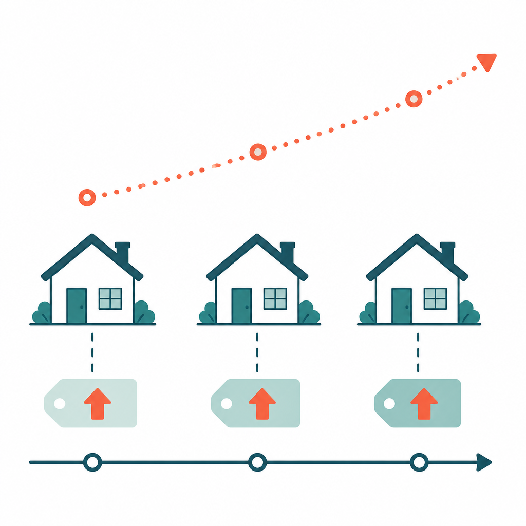 Diagram comparing a shared-equity home's capped resale price over time against the steeper open-market price.