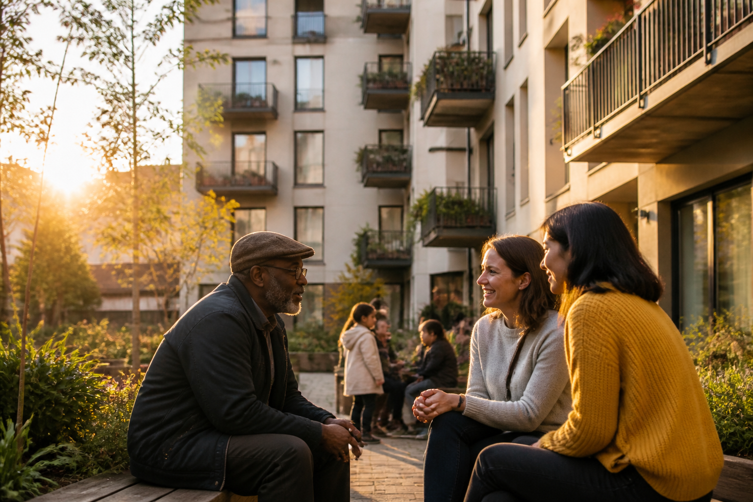 Residents gathering in the courtyard of a mixed-income social housing building.